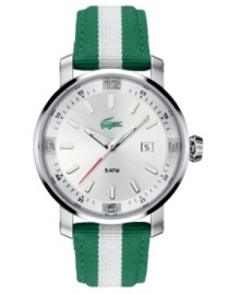A classic Lacoste look. Green and white jacquard grosgrain strap with stainless steel case. Silvertone dial with date window and Lacoste logo. Three-hand, quartz movement. Water resistant to 50 meters. A classic Lacoste look. Green and white jacquard grosgrain strap with stainless steel case. Silvertone dial with date window and Lacoste logo. Three-hand, quartz movement. Water resistant to 50 meters.