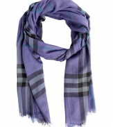 Detailed in a luscious shade of checked iris blue, Burberry Londons gauzy wool-silk scarf lends a radiant finish to every outfit - Slightly sheer, frayed ends - Wrap around neutral hued knitwear, or layer over sleek tailored outerwear