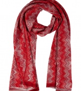 With a shimmer of metallic luster, Missonis tonal red zigzag knit scarf is a cool way to wear the brands iconic look - Allover metallic shimmer - Wear with a leather biker jacket and matching accessories