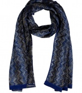 With a shimmer of metallic luster, Missonis tonal blue zigzag knit scarf is a cool way to wear the brands iconic look - Allover metallic shimmer - Wear with a leather biker jacket and matching black accessories