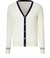 Luxe cardigan in fine, ivory cotton and cashmere blend - Supremely soft, densely woven knit - Deep V-neck with contrast navy trim at collar and button placket - Stripe trim at cuffs - Straight, slim silhouette - Streamlined and classically cool, ideal for both work and play - Pair with jeans, chinos or slim trousers and leather lace-ups or trainers