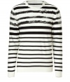 Stylish knit long sleeved cotton shirt - From eco-label Edun created by U2s Bono and his wife - Narrow, with slightly tampered - Round Neck with long sleeves - Distressed black and white stripes - Pair with designer jeans, chinos or pleated trousers