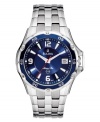 Beat the blues with this brilliant watch by Bulova. Stainless steel bracelet and round case. Rotating bezel. Blue dial with  logo, date window, silvertone stick indices and second markers. Quartz movement. Water resistant to 100 meters. Three-year warranty.