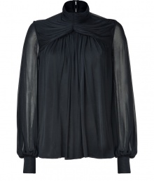 Make a dramatic evening debut in Plein Suds billowing draped top, finished with seductive sheer sleeves for that added edge of after-hours glamour - Stand-up collar with buttoned back, long sleeves, fitted cuffs, slit at the nape, draped yolk, relaxed fit - Play with textural contrast and pair with leather separates and edgy ankle boots Make a dramatic evening debut in Plein Suds billowing draped top, finished with seductive sheer sleeves for that added edge of after-hours glamour - Stand-up collar with buttoned back, long sleeves, fitted cuffs, slit at the nape, draped yolk, relaxed fit - Play with textural contrast and pair with leather separates and edgy ankle boots