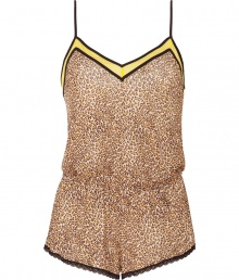 Lounge around in wild style in Juicy Coutures animal print romper, detailed with a comfy elasticized waistline and bright yellow trim for that modern flirty feel - V-neckline, adjustable spaghetti straps, elasticized waistline, black lace-trimmed legs - Easy fit - Wear with silk robes and cozy shearling slippers Lounge around in wild style in Juicy Coutures animal print romper, detailed with a comfy elasticized waistline and bright yellow trim for that modern flirty feel - V-neckline, adjustable spaghetti straps, elasticized waistline, black lace-trimmed legs - Easy fit - Wear with silk robes and cozy shearling slippers