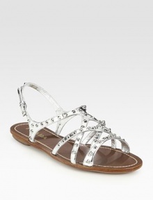 Metallic leather criss-cross flat style with metal stud detail. Studded metallic leather upperLeather lining and soleMade in ItalyOUR FIT MODEL RECOMMENDS ordering true size. Metallic leather criss-cross flat style with metal stud detail. Studded metallic leather upperLeather lining and soleMade in ItalyOUR FIT MODEL RECOMMENDS ordering true size.