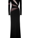 Exquisitely glamorous with peek-a-book mesh paneling, Emilio Puccis long sleeved evening gown is perfect for your most festive events - Rounded neckline in front, deep asymmetrical V in back, hidden side zip, form-fitting - Pair with a box clutch and sky-high platforms