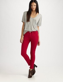 Skinny fit capris in the season's hottest shade, features soft cotton blend denim construction.THE FITFitted through hips and thighsMedium rise, about 8Inseam, about 28THE DETAILSZip flyFive-pocket styleFront rivets96% cotton/4% roicaMachine washMade in USA of imported fabricModel shown is 5'9 (175cm) wearing US size 4. Skinny fit capris in the season's hottest shade, features soft cotton blend denim construction.THE FITFitted through hips and thighsMedium rise, about 8Inseam, about 28THE DETAILSZip flyFive-pocket styleFront rivets96% cotton/4% roicaMachine washMade in USA of imported fabricModel shown is 5'9 (175cm) wearing US size 4.