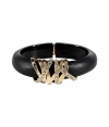 Perfect for wearing alone as a statement, Alexis Bittars modern crystal encrusted ribbon bracelet lends a contemporary chic twist to any outfit - Mirrored gold-toned metal, silver crystal embellishment, black lucite - Hinged back - Team with cashmere pullovers and leather leggings, or wear as a dressy polish to Little Black Dresses