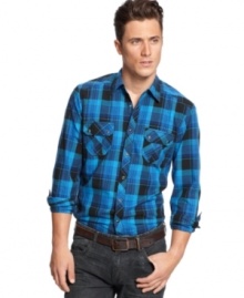This INC International Concepts button down offers a sleek fit and a rugged plaid design.
