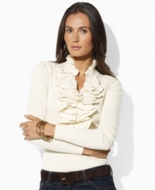 This long-sleeved cotton jersey tee from Lauren Jeans Co. is accented with a froth of flirty ruffles for a chic, feminine twist on an essential. This long-sleeved cotton jersey tee from Lauren Jeans Co. is accented with a froth of flirty ruffles for a chic, feminine twist on an essential.