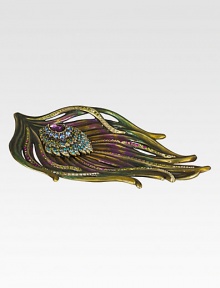 An exotic peacock feather-shaped tray, fabulously formed in glowing enamel and jewel-toned Swarovski crystals.Enamel and crystalHandmade, hand-enameled and hand-set8.75L X 5WMade in USA An exotic peacock feather-shaped tray, fabulously formed in glowing enamel and jewel-toned Swarovski crystals.Enamel and crystalHandmade, hand-enameled and hand-set8.75L X 5WMade in USA