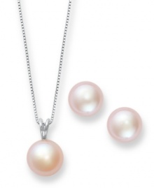 Pretty in pink. Matching pink cultured freshwater pearls (9-9-1/2 mm) adorn this traditional pendant and stud earrings set. Crafted in sterling silver. Approximate necklace length: 18 inches. Approximate pendant drop: 1/3 inch. Approximate stud diameter: 1/3 inch.