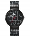 Go anywhere with this chic, rustic tile-patterned watch from Lacoste for men and women. Black and gray patterned silicone strap. Round black plastic case and round black and gray patterned dial with logo. Quartz movement. Water resistant to 30 meters. Two-year limited warranty.