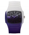 The shy need not apply. Flaunt your adventurous side with this bold watch by Diesel. Purple and white silicone-wrapped stainless steel bracelet and square case. Black dial covered with faded purple crystal features white stick indices, numeral at nine o'clock, three hands and logo. Quartz movement. Water resistant to 30 meters. Two-year limited warranty.