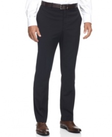 A sleek silhouette adds an extra touch of sophistication in these slim-fit dress pants from Perry Ellis. A sleek silhouette adds an extra touch of sophistication in these slim-fit dress pants from Perry Ellis.