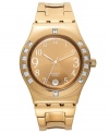 The golden shine on this Fancy Me collection Swatch watch complements the added Swarovski sparkle.