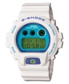 Miss nothing, enjoy everything: you'll love this bright white watch by G-Shock. White resin strap and round case. Blue shock-resistant, digital display dial with EL backlight, multifunction alarm and countdown timer. Quartz movement. Water resistant to 200 meters. One-year limited warranty.