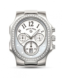 Beautiful mother-of-pearl, accented with diamonds, adds glamour to this classic timepiece. Beautiful mother-of-pearl, accented with diamonds, adds glamour to this classic timepiece.