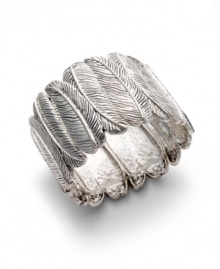 Prepare for blustery weather in this chic, autumnal cuff. Style&co.'s trendy stretch bracelet features a textured leaf pattern in silver tone mixed metal. Bracelet stretches to fit wrist. Approximate diameter: 2 inches. Prepare for blustery weather in this chic, autumnal cuff. Style&co.'s trendy stretch bracelet features a textured leaf pattern in silver tone mixed metal. Bracelet stretches to fit wrist. Approximate diameter: 2 inches.