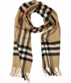 Finish your look on an iconic note with Burberry Londons giant check scarf, detailed in brushed cashmere for luxuriously cozy results - Fringing at both ends - Wear inside over bright knit sweaters, or outdoors over classic coats with leather gloves