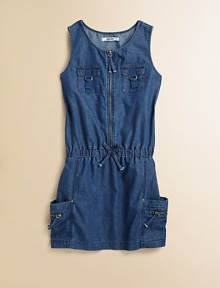 Denim gets a modern update in this ultra-cool, lightweight cotton, sleeveless frock with plenty of zippers and pockets.ScoopneckSleevelessFront zipperFront chest pocketsSide besom pockets with zippersElastic waistband with drawstring detailCottonMachine washImported Denim gets a modern update in this ultra-cool, lightweight cotton, sleeveless frock with plenty of zippers and pockets.ScoopneckSleevelessFront zipperFront chest pocketsSide besom pockets with zippersElastic waistband with drawstring detailCottonMachine washImported