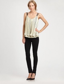 Contrasting leather spaghetti straps and a tiered, pleated hem amplify this printed, silk-like tank. V-neckLeather spaghetti strapsTiered, pleated hemV-backBody: PolyesterTrim: LeatherDry cleanImportedModel shown is 5'9 (176cm) wearing US size Small. Contrasting leather spaghetti straps and a tiered, pleated hem amplify this printed, silk-like tank. V-neckLeather spaghetti strapsTiered, pleated hemV-backBody: PolyesterTrim: LeatherDry cleanImportedModel shown is 5'9 (176cm) wearing US size Small.