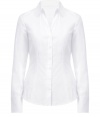The classic white button down gets a modern update with this chic take from Steffen Schraut - Spread collar, V-neck, front button placket, seaming details down front and back, fitted silhouette - Style with cropped trousers, a blazer, and pumps