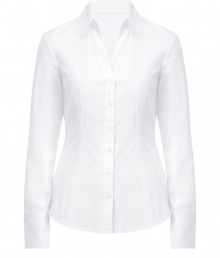 The classic white button down gets a modern update with this chic take from Steffen Schraut - Spread collar, V-neck, front button placket, seaming details down front and back, fitted silhouette - Style with cropped trousers, a blazer, and pumps The classic white button down gets a modern update with this chic take from Steffen Schraut - Spread collar, V-neck, front button placket, seaming details down front and back, fitted silhouette - Style with cropped trousers, a blazer, and pumps