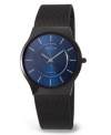 Black and blue streamlined style. This Skagen Denmark watch features a black ion-plated titanium bracelet and round, lightweight case. Blue sun ray dial with luminous silvertone stick indices. Hardened mineral crystal. Quartz movement. Water resistant to 30 meters. Limited lifetime warranty.