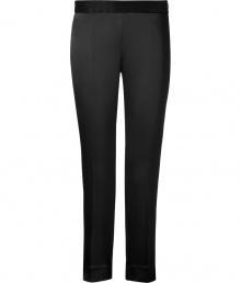 Stylish black cropped skinny leg satin pants from DKNY - These sophisticated trousers can add dazzle to even the most casual day look - Cool cropped style with back pleats and pockets - Wear with a tailored button-down, blazer, and heels for professional chic - Style with a cashmere pullover and platforms