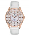 Spice up your look with a touch of the luxurious life. Marine Star watch by Bulova crafted of white croc-embossed leather strap and round rose-gold tone stainless steel case with 16 diamond accents. White mother-of-pearl dial features applied rose-gold tone numerals and stick indices, three hands and logo. Quartz movement. Water resistant to 50 meters. Three-year limited warranty.