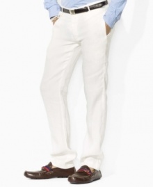 An essential trim-fitting pant is updated for the season in breathable, lightweight Irish linen with a slightly tapered leg, a flat front and a classic rise. An essential trim-fitting pant is updated for the season in breathable, lightweight Irish linen with a slightly tapered leg, a flat front and a classic rise.