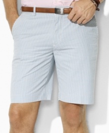 Essential for the season, a trim-fitting short in lightweight seersucker cotton embodies an iconic sensibility and timeless style. Essential for the season, a trim-fitting short in lightweight seersucker cotton embodies an iconic sensibility and timeless style.