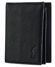 Ralph Lauren's iconic pony graces the front of a soft pebbled leather billfold wallet, constructed with ample storage for cards and a convenient ID window. Ralph Lauren's iconic pony graces the front of a soft pebbled leather billfold wallet, constructed with ample storage for cards and a convenient ID window.