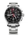 Take classic to a handsome new level with this chronograph by Victorinox Swiss Army. PVD-treated stainless steel bracelet and round case with black bezel and anti-reflective sapphire crystal. Black chronograph dial features applied silver tone numerals, date window, three subdials, luminous hands and logo. Quartz movement. Water resistant to 100 meters. Three-year limited warranty.