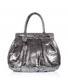 Ultra-luxe handbag in genuine python leather and suede - Elegant, on-trend metallic hue - Spacious shopper style with two handles - Supple material is elegantly gathered - Lined in pink suede, with two small, open pockets and one larger, interior zip pocket - Silver hardware closure - Sculptural and sophisticated, a true standout - Gorgeous shade and clever shape go from day to evening