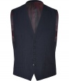 Exquisitely tailored for a flawless fit, Marc by Marc Jacobs pinstriped vest is a dressy staple guaranteed to give your look a seamlessly sophisticated edge - Buttoned front, iridescent back with adjustable belt - Contemporary tailored fit - Wear with an immaculately cut shirt and matching pinstriped trousers
