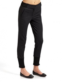 THE LOOKMid-width waistband with elastic ribbed knit insert and hook-and-eye closure Front zipper with interior button Dual welt pockets, front and back Ribbed knit inserts at cuffs with zipper closuresTHE FITRise, about 9 Inseam, about 29THE MATERIAL56% rayon/38% nylon/6% polyurethane Combo: 35% polyester/20% viscose/20% acrylic/18% nylon/7% angoraCARE & ORIGINDry clean Imported THE LOOKMid-width waistband with elastic ribbed knit insert and hook-and-eye closure Front zipper with interior button Dual welt pockets, front and back Ribbed knit inserts at cuffs with zipper closuresTHE FITRise, about 9 Inseam, about 29THE MATERIAL56% rayon/38% nylon/6% polyurethane Combo: 35% polyester/20% viscose/20% acrylic/18% nylon/7% angoraCARE & ORIGINDry clean Imported