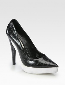 A bio-degradable rubber heel lifts this modern point toe pump, expertly crafted in Spain of textured faux crocodile. Self-covered heel, 5¾ (145mm)Bio-degradable rubber platform, 1¼ (30mm)Compares to a 4½ heel (115mm)Faux crocodile upperPoint toeFaux leather lining and solePadded insoleMade in Spain A bio-degradable rubber heel lifts this modern point toe pump, expertly crafted in Spain of textured faux crocodile. Self-covered heel, 5¾ (145mm)Bio-degradable rubber platform, 1¼ (30mm)Compares to a 4½ heel (115mm)Faux crocodile upperPoint toeFaux leather lining and solePadded insoleMade in Spain