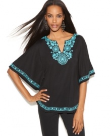 Add a touch of exotic charm to any outfit with INC's batwing sleeve top. Try it with silver jewelry to offset the boldly-colored embroidery! Add a touch of exotic charm to any outfit with INC's batwing sleeve top. Try it with silver jewelry to offset the boldly-colored embroidery!