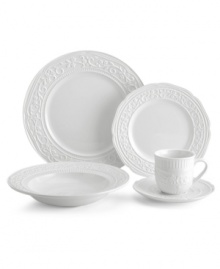 A little bit country. Made for the rigors of daily use but with an embossed design that's entirely graceful, the American Countryside place setting from Mikasa promises well-balanced dining in classic white stoneware.