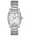 Jazz up your evenings or every day with this elegant watch from Bulova. Silvertone stainless steel bracelet. Tonneau-shaped stainless steel case with diamond accent bezel. Silvertone tonneau-shaped dial with logo and stick indices. Quartz movement. Water resistant to 30 meters. Three-year limited warranty.