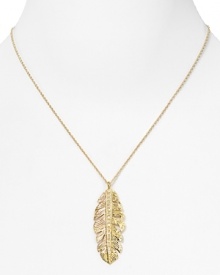 Feathers are fashion-forward favorite this season and Melinda Maria's gold-plated pendant is a delicate way to make the trend personal. Feathers are fashion-forward favorite this season and Melinda Maria's gold-plated pendant is a delicate way to make the trend personal.
