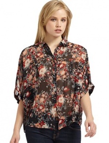 THE LOOKSheer floral designShirt collar Front button down closureThree-quarter length sleeves Back pleated detailTHE FITAbout 25 from shoulder to hemTHE MATERIALSilkCARE & ORIGINDry cleanImportedModel shown is 5'10 (177cm) wearing US size Small. THE LOOKSheer floral designShirt collar Front button down closureThree-quarter length sleeves Back pleated detailTHE FITAbout 25 from shoulder to hemTHE MATERIALSilkCARE & ORIGINDry cleanImportedModel shown is 5'10 (177cm) wearing US size Small.