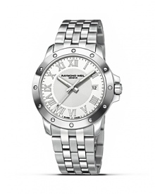 Raymond Weil's stainless steel quartz watch has a bracelet strap and foldover clasp. With sapphire crystal, second hand and date window. Raymond Weil's stainless steel quartz watch has a bracelet strap and foldover clasp. With sapphire crystal, second hand and date window.