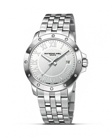 Raymond Weil's stainless steel watch has a round white dial, a bracelet strap and foldover clasp. With sapphire crystal and second hand. Raymond Weil's stainless steel watch has a round white dial, a bracelet strap and foldover clasp. With sapphire crystal and second hand.