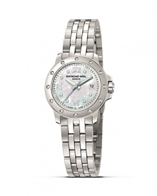 Indulge in a classic watch with luxurious details. The Tango from Raymond Weil features quartz movement, mother of pearl display and diamond detail along the dial. Indulge in a classic watch with luxurious details. The Tango from Raymond Weil features quartz movement, mother of pearl display and diamond detail along the dial.