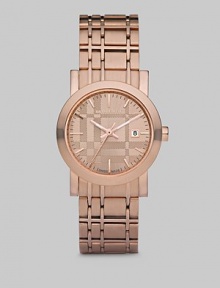 Familiar Burberry checks are subtly designed into the dial and bracelet of this handsome watch with a warm rose gold finish.Quartz movement Water-resistant to 5ATM Smooth rose gold-plated bezel Round IP (ionic plating) rose gold case; 29 mm diameter (1.1) Rose gold color dial with textured check pattern Bar hour markers Date display at 3:00 Second hand Rose gold finished link bracelet in check pattern; 16mm wide (.63) Made in Switzerland Familiar Burberry checks are subtly designed into the dial and bracelet of this handsome watch with a warm rose gold finish.Quartz movement Water-resistant to 5ATM Smooth rose gold-plated bezel Round IP (ionic plating) rose gold case; 29 mm diameter (1.1) Rose gold color dial with textured check pattern Bar hour markers Date display at 3:00 Second hand Rose gold finished link bracelet in check pattern; 16mm wide (.63) Made in Switzerland