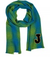 Quietly elegant and effortlessly cool, Jil Sanders sky blue and green wool scarf ups the ante on preppy chic - Supremely soft, lighter weight knit in a rich, classically cool plaid - Decorative varsity letter J at hem and delicate fringe trim - Moderately long and wide and ultra-versatile - Pair with everything from cashmere pullovers and skinny denim to pencil skirts and long cardigans
